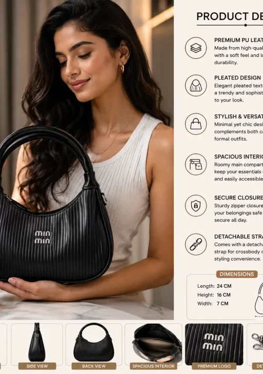 Min Min Premium Pleated PU Leather Handbag with Detachable Strap
