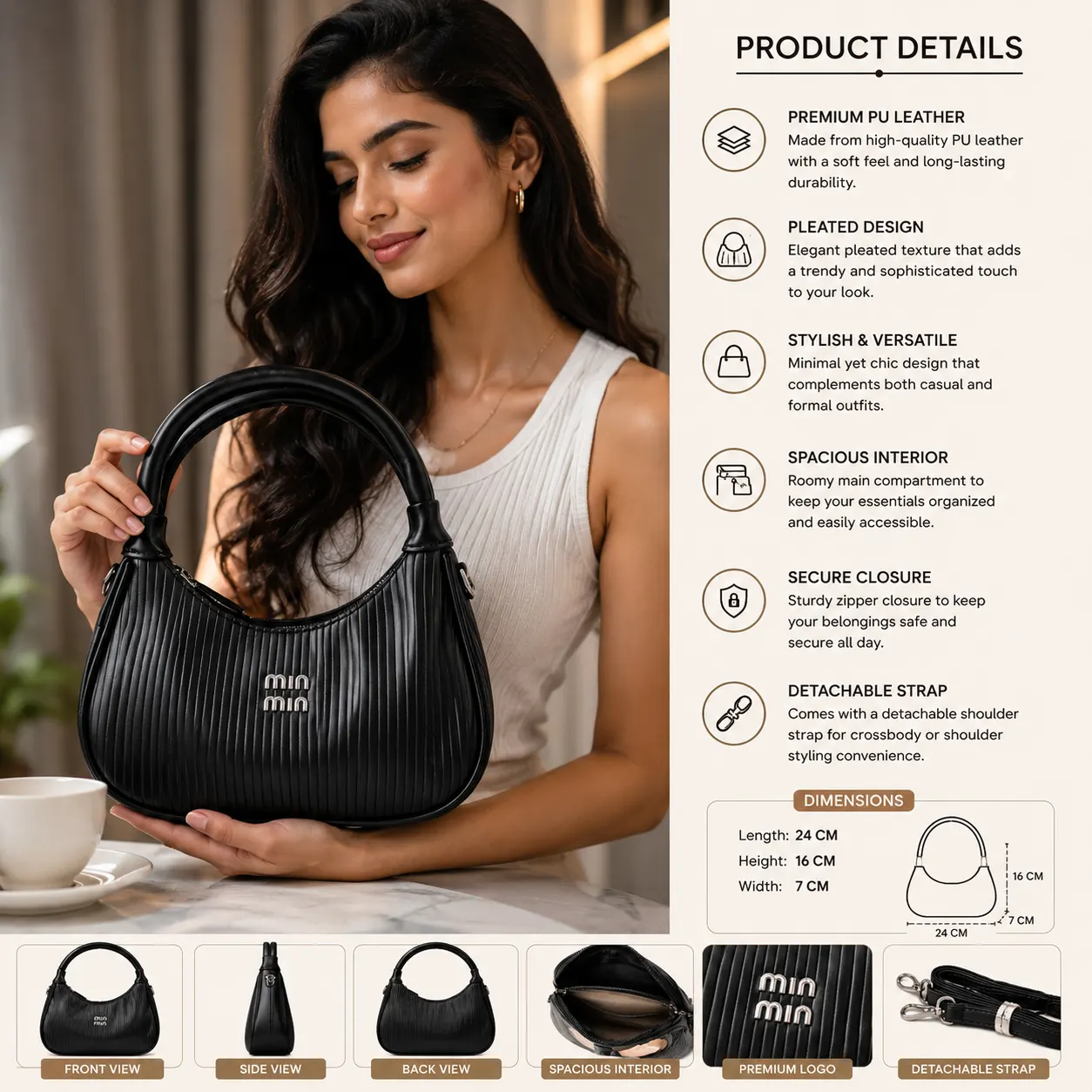 Min Min Premium Pleated PU Leather Handbag with Detachable Strap