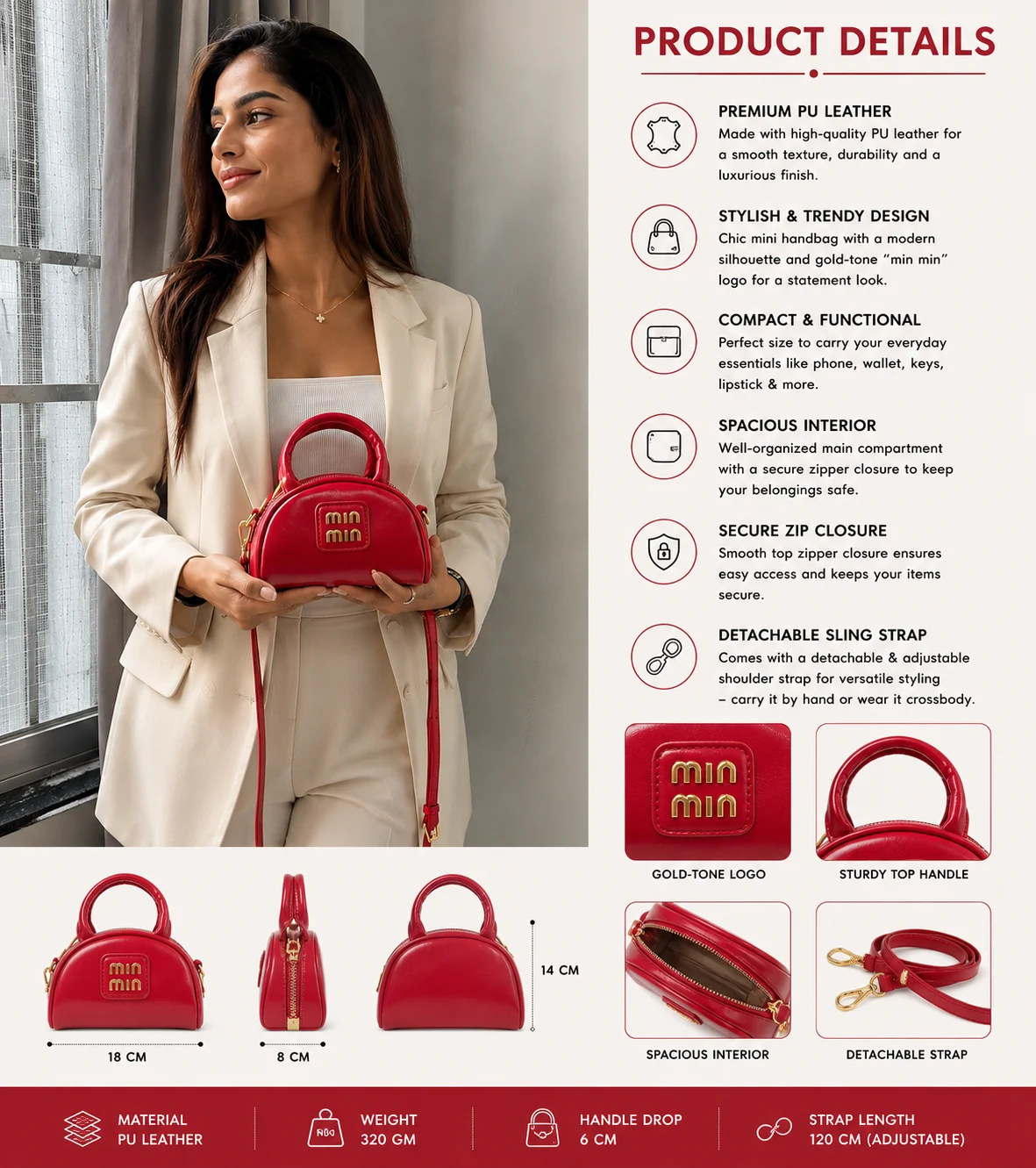 Min Min Premium Red Mini Handbag with Detachable Sling Strap
