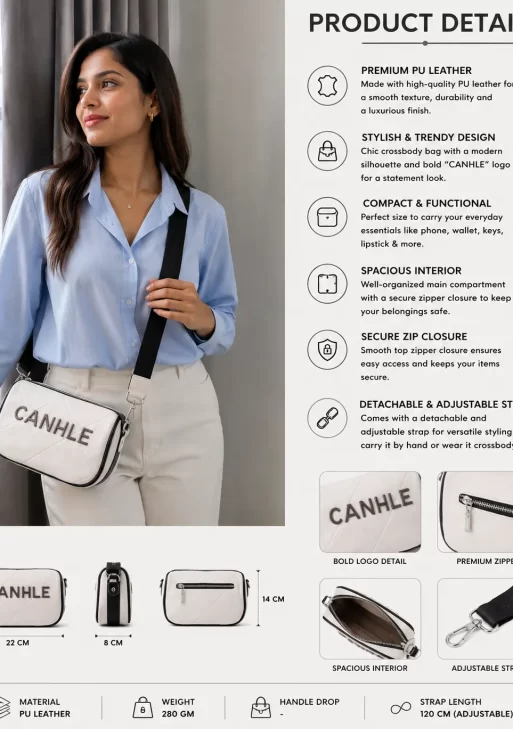 Canhle Premium Quilted White Crossbody Camera Bag with Adjustable Broad Strap