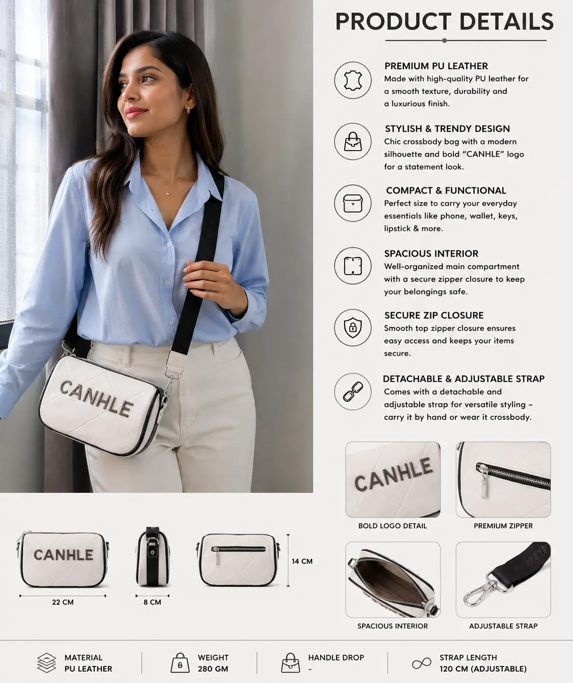 Canhle Premium Quilted White Crossbody Camera Bag with Adjustable Broad Strap