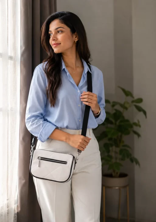 Canhle Premium Quilted White Crossbody Camera Bag with Adjustable Broad Strap