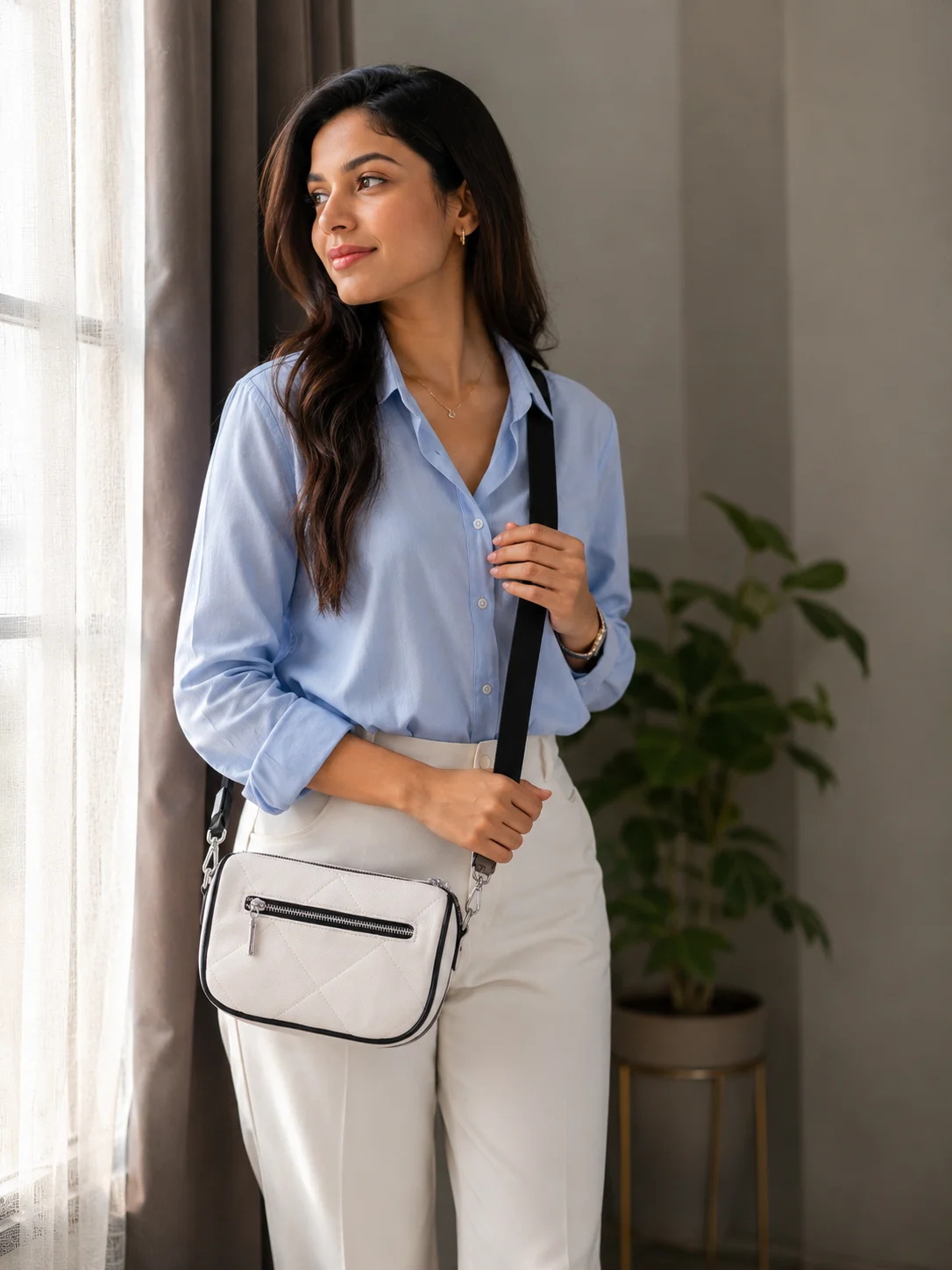 Canhle Premium Quilted White Crossbody Camera Bag with Adjustable Broad Strap