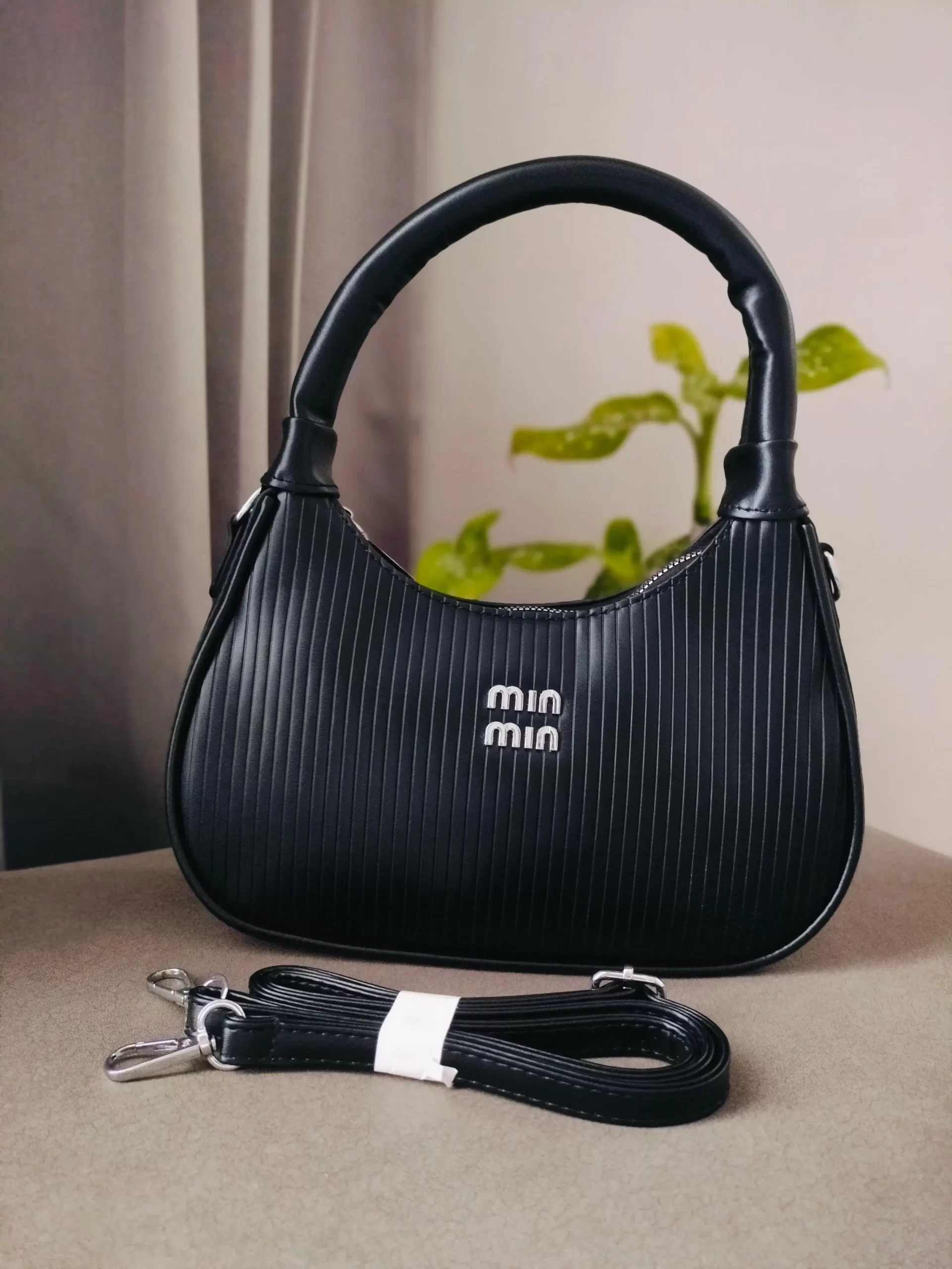 Min Min Premium Pleated PU Leather Handbag with Detachable Strap - Image 4